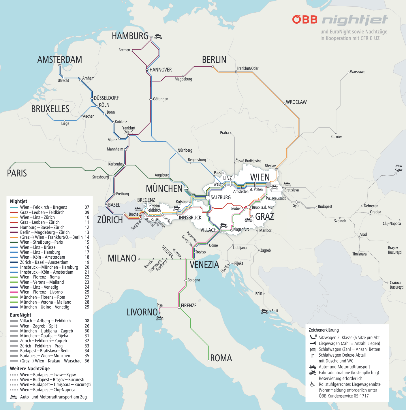 ÖBB Nightjet night train route network in Europe